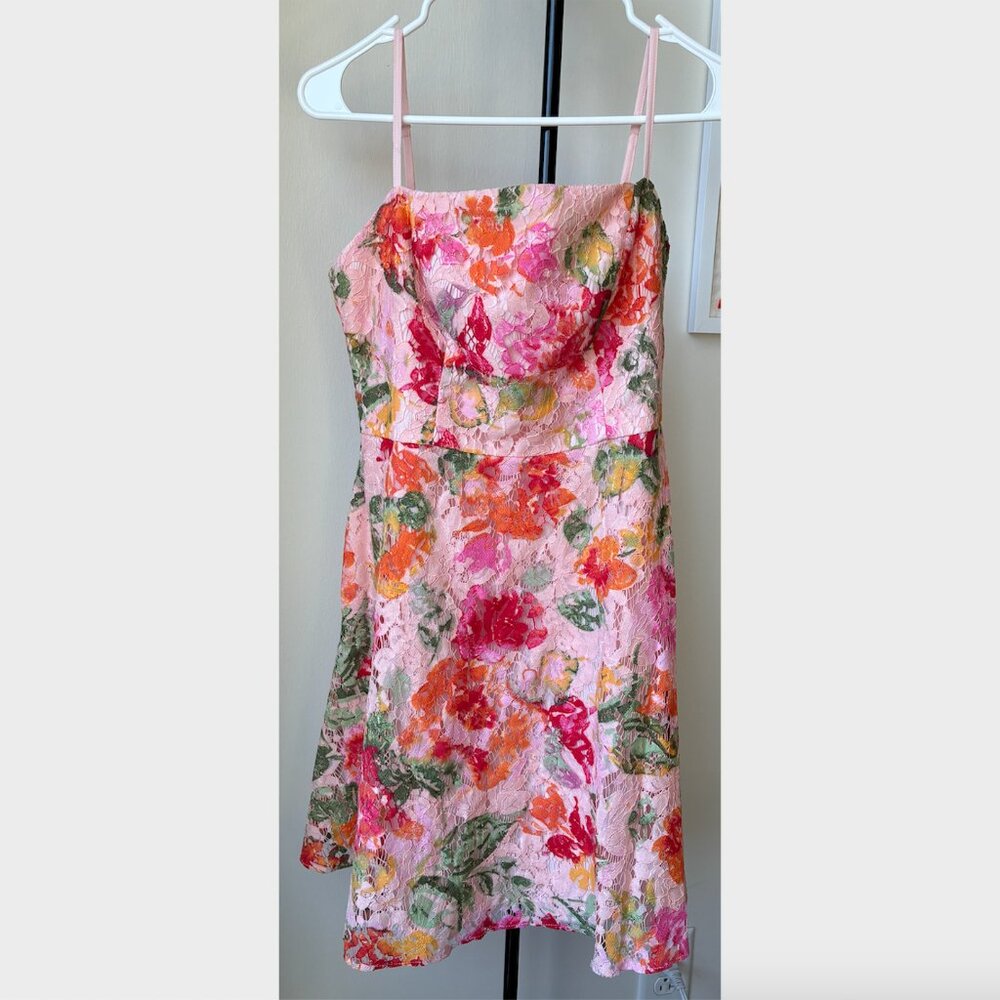 DB Studio Pink Lace and Painted Floral Mini Dress - Size 8